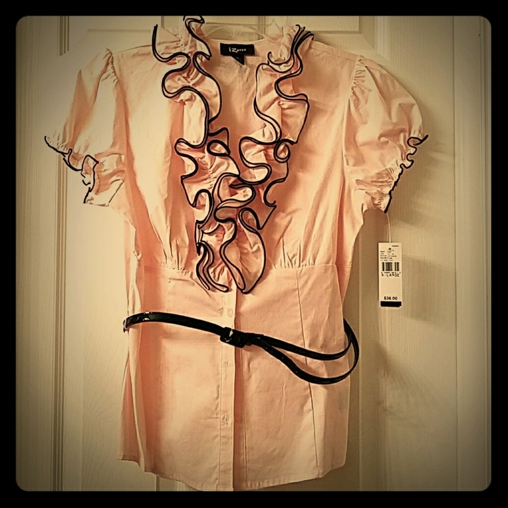 Pink with black accents blouse and skinny belt